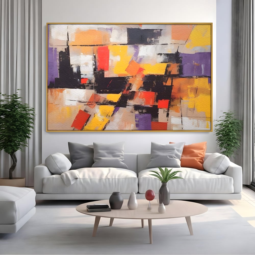Tablou canvas cu tablou canvas cu compozitie abstracta, in rama de aluminiu auriu, pe perete intr-un living